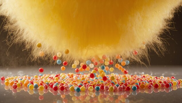 Shedding large yellow fuzzy tuft releasing fibers over shiny studio table, scattering bright beads