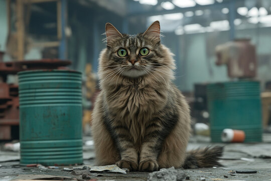 Surreal depiction of Schr&ouml;dinger's cat in an abandoned warehouse with mysterious atmosphere
