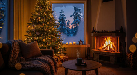 Cozy living room with a decorated Christmas tree, warm fireplace, and snowy winter landscape visible through the window.