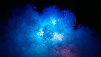 Swirling luminous blue smoke cloud filling dark studio, with cyan backlight and wispy filaments