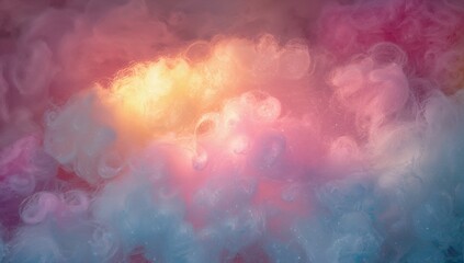 Swirling soft pastel cloud glowing core, merging into pink blue fibrous wisps in studio with specks