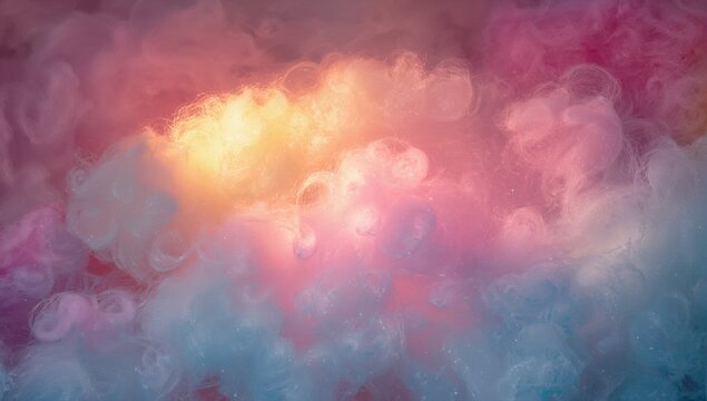 Swirling soft pastel cloud glowing core, merging into pink blue fibrous wisps in studio with specks