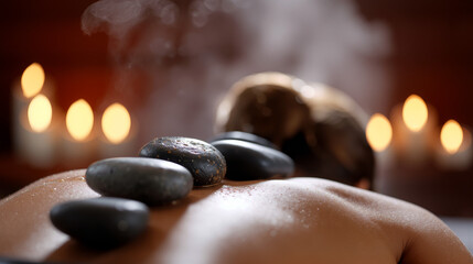 Hot stone massage treatment with steam and candles creating a relaxing atmosphere for wellness and tranquility