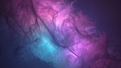 Swirling mass of fine filaments and wispy plumes creating cyan magenta studio glow, with specks