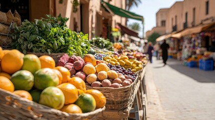A vibrant outdoor market stall overflowing with fresh fruits and vegetables, with blurred figures walking in the background under bright sunlight.