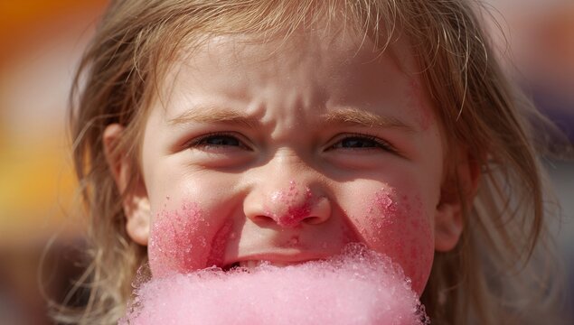 Biting child holding pink cotton candy at fair, showing sticky sugar on sunlit cheeks - Powered by Adobe