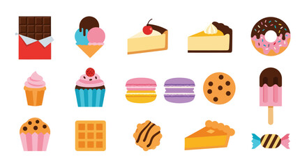 Collection of assorted desserts and sweets in vibrant flat design