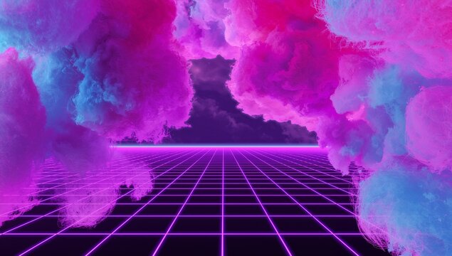 Glowing neon magenta grid plane receding toward neon horizon in digital landscape with vapor plumes - Powered by Adobe