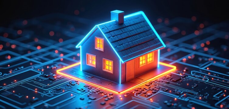Neon house illustration on circuit board. Glowing house frame on grid with orange light. Tech house concept for innovation tech. Smart home outlined in blue light on motherboard symbolizes future.