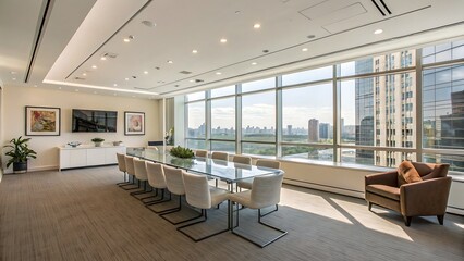 Fototapeta premium A modern and bright meeting room with a large glass table and comfortable chairs, offering stunning city views through expansive windows