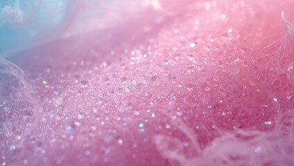 Displaying pastel-pink crystalline granules sparkling in studio macro, with water droplets