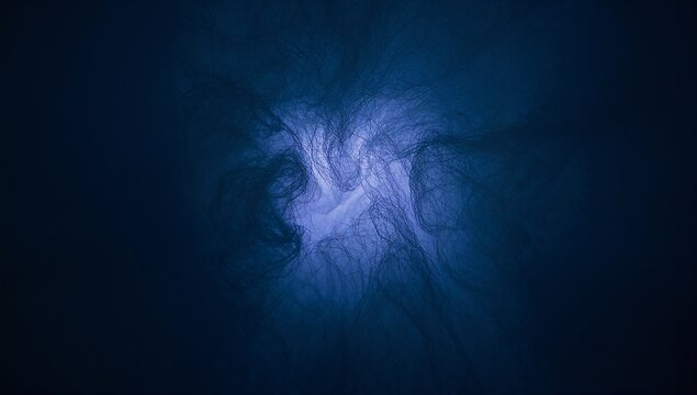 Glowing central filament cluster emitting blue light in deep blue field, with radial filaments - Powered by Adobe