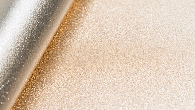 Showing rolled gold glitter left catching light scattering loose glitter on tabletop, copy space