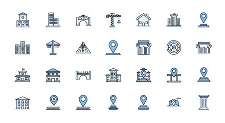 Collection of buildings and location markers in simple line art
