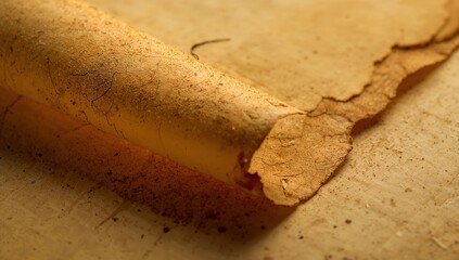 Highlighting curled aged paper sheet showing cracked flaking fibers, torn fragment, dust on table