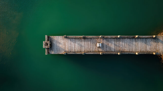 aerial view of wooden pier on calm lake with peaceful water