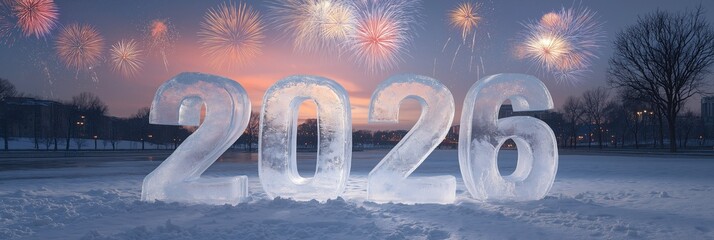 Large 2026 number crafted from ice stands on snowy ground under a festive sky with colorful fireworks, celebrating new year or a winter event