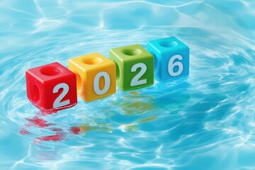 Colorful number block spell 2026 float on ripple blue water surface. Concept of new year, future, holiday, time, change, success, event, planning