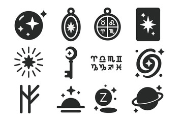 Astrological Magic Icons. Solid style icons of Astrological Magic: star orb, charm talisman, zodiac amulet, cosmic card, ritual