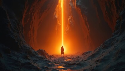 Lone person stands in dark cave. Bright orange beam of light shines down from above. Rocky cave walls surround figure. Explore mystery, discover new worlds. Surreal fantasy adventure.
