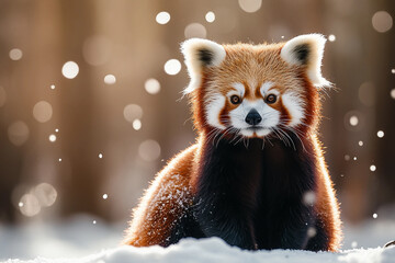 Red panda in snowy forest during winter looking directly at camera with adorable expression, generative ai wildlife