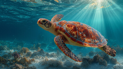 Obraz premium Sea turtle gracefully swims through crystal clear waters with sun rays shining down in a vibrant ocean scene