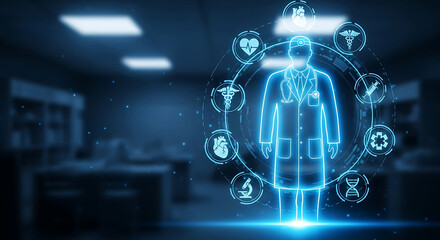 Glowing blue doctor hologram with medical icons in a blurred laboratory setting healthcare technology
