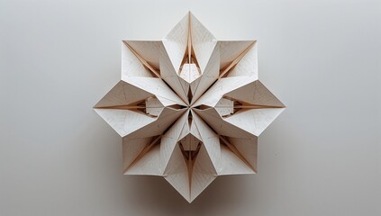 Displaying modular origami paper sculpture forming eight-pointed star on pale table with creases