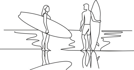 Elegant continuous line drawing of two surfers at sunset light vector.