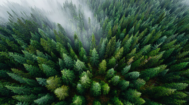 bird's eye view of foggy pine forest canopy - Powered by Adobe