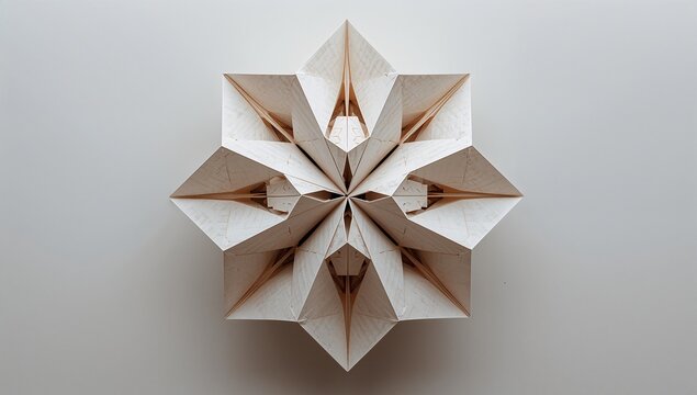 Displaying modular origami paper sculpture forming eight-pointed star on pale table with creases - Powered by Adobe
