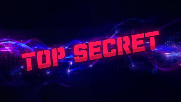 Dominating red TOP SECRET text slashing across cyber banner, with neon waves and grid