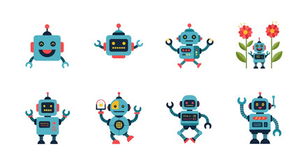 Collection of colorful cartoon robots with various poses and expressions