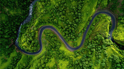 Fototapeta premium bird's eye view winding road in green valley