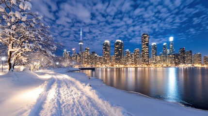 Obraz premium Snowy waterfront path at night with illuminated city skyline and calm reflections