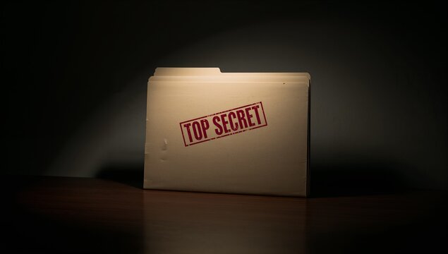 Standing beige manila folder showing top tab, red TOP SECRET stamp on wooden desk, casting shadow