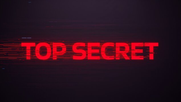 Glitching bold red TOP SECRET text appearing on computer screen showing scanlines, blue pixel noise - Powered by Adobe