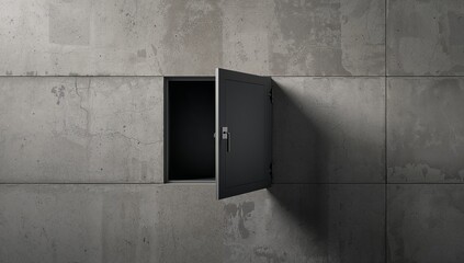 Revealing metal access hatch swinging on concrete wall exposing dark cavity, latch, casting shadow