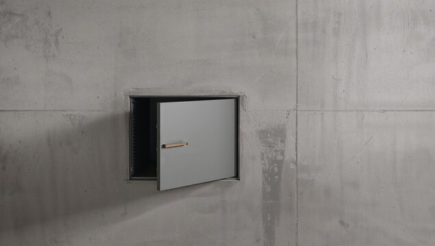 Showing recessed metal access hatch swinging outward in basement, with wooden handle and rails - Powered by Adobe