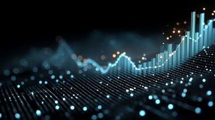 Growth in financial markets shown through an ascending blue line graph with glowing dots and a dark background
