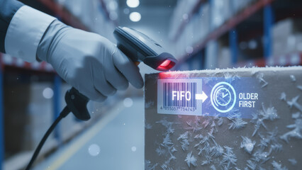 Cold chain logistics warehouse logistic temperature control worker scanning barcode