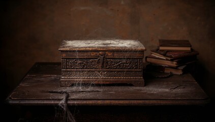 Resting carved chest with metal latch on worn table at antique interior, showing cobwebs and books