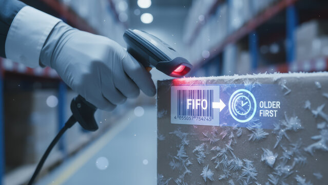 Cold chain logistics warehouse logistic temperature control worker scanning barcode