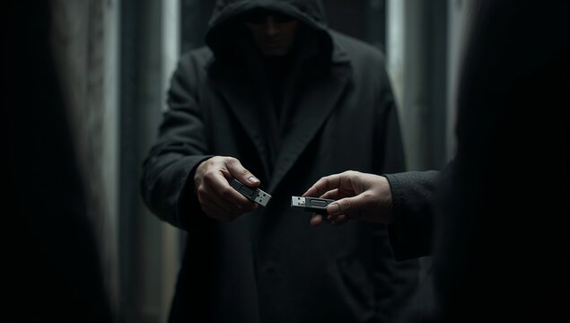 Handing hooded figure swapping two USBs in alley, wearing hooded coat, overcoat, blurred walls - Powered by Adobe