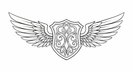 Detailed Hand Drawn Winged Shield with Ornate Design.
