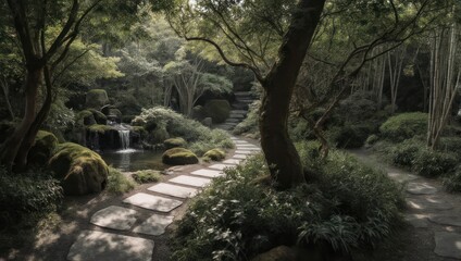 Fototapeta premium Serene, lush Japanese garden scene with stone paths, small waterfall, and diverse greenery
