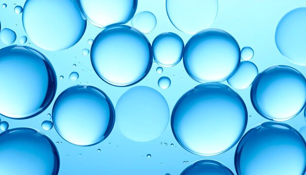 Abstract close-up of blue translucent spheres of varying sizes floating in a liquid medium under bright lighting