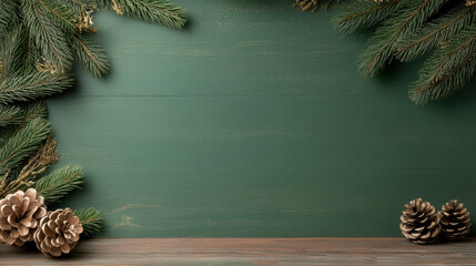 Emerald wooden background with pine branches and pinecone accents, festive rustic holiday scene