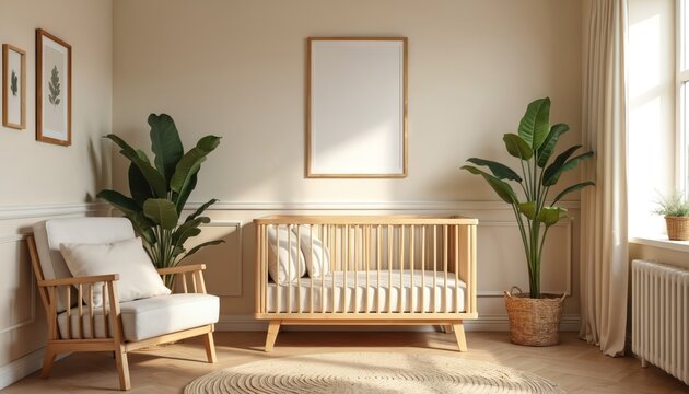 Gender neutral baby nursery room features wooden crib armchair large green plants and empty picture frame. Minimalist interior design with soft beige walls and floor. Cozy space for infant. - Powered by Adobe