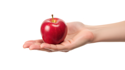 Fresh red apple held in hand, symbolizing health and nutrition, with vibrant color and smooth texture